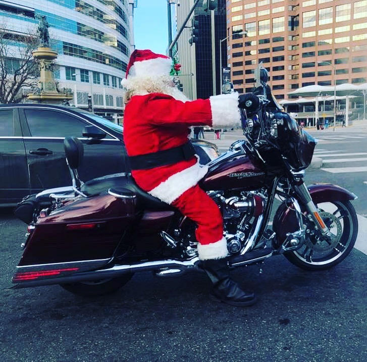 Santa Riding a Motorbike in Downtown Denver